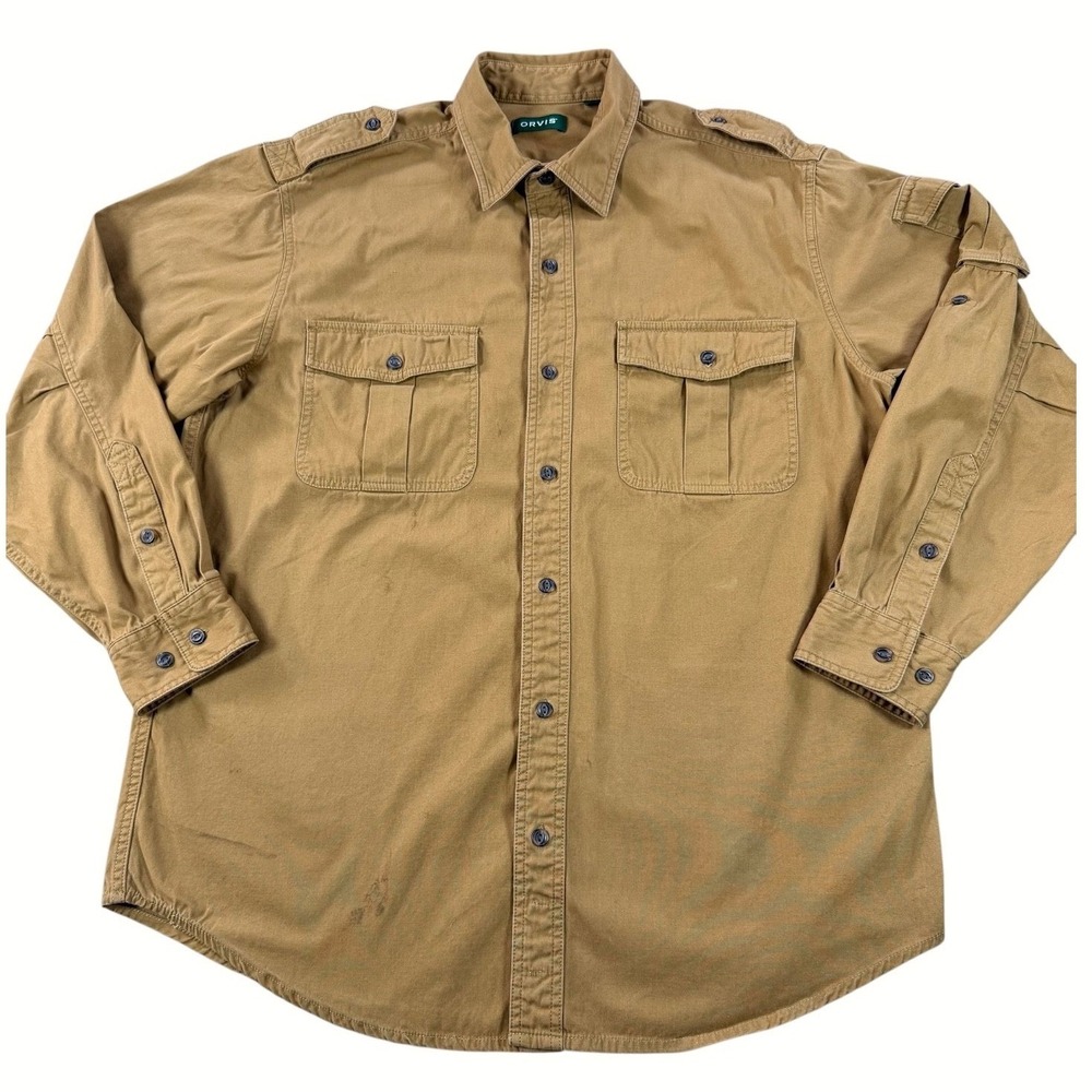 Orvis Bush Shirt Mens Large Tan Cotton Safari Utility Long Sleeve Field Shirt